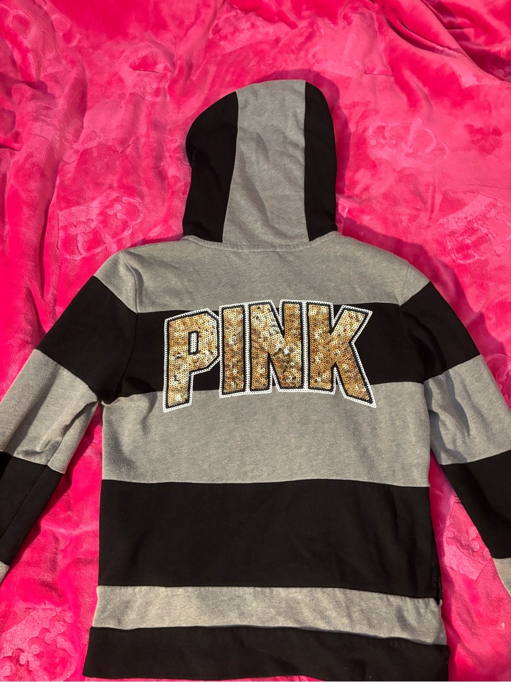 PINK Victoria's Secret leggings & Black & Gray Striped Hoodie with Gold Sequi